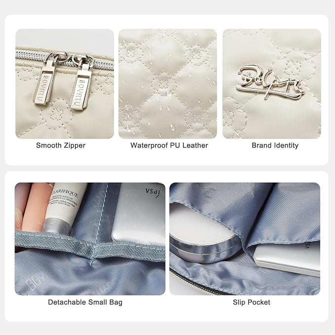 BOYATU Travel Makeup Bag Cosmetic Pouch: 2 Pcs Set Waterproof Vegan Leather Cosmetic Bags for Women - Cute Quilted Skincare Make up Toiletry Bag for Girl (05-White) - Image 5