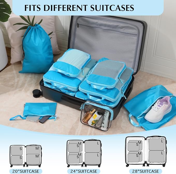 PFEYRPK Lightweight Compression Packing Cubes for Suitcases, Compressible Expandable Travel Packing Organizer with Clear Toiletries and Backpack Bag, Travel Essentials for Carry on Luggage 7 Set - Image 6