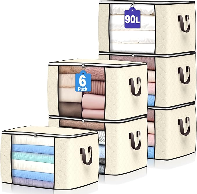 90L Large Storage Bags, 6 Pack Clothes Storage Bins Closet Organizers | Foldable Storage Containers, with Reinforced Handle, for Clothing, Blanket, Comforters, Bed Sheets, Pillows and Toys,Beige by BuddingJoy-BuildaJoyfulLifeforYou