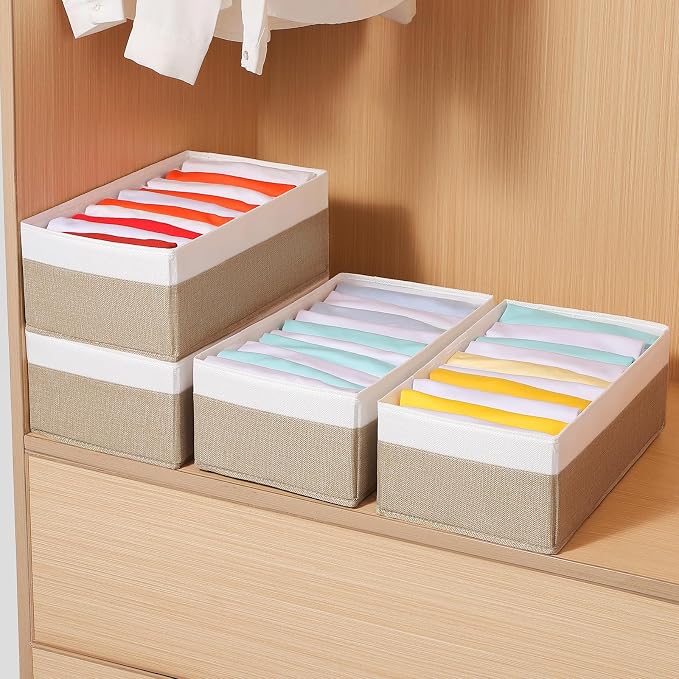 4 Packs T-shirt Drawer Organizers for Clothing,10 Grids Compartment Wardrobe Storage Box, Clothes Organizer for Folded Clothes, T-shirt, Legging-15.75''x9.06''x5.91-BeigeWhite - Image 4