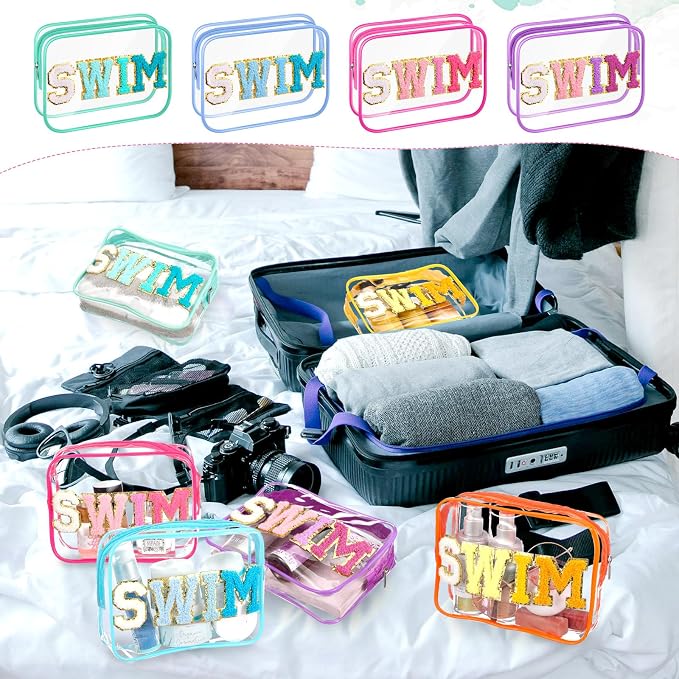 Kacctyen 12 Pcs Clear Swim Bags Chenille Letter Patch Makeup Pouch Beach Pool Toiletry Bags Waterproof PVC Preppy Cosmetic Purse Organizer with Zipper for Travel Women Girl Swimmer Essential Team Gift - Image 5