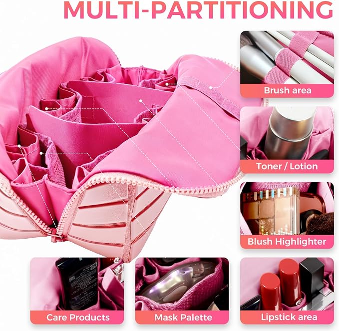 Travel Makeup Organizer Bag with Fold-Down Design and Adjustable Dividers, 27 Pockets & 3 Brush Storage Holders, Large Capacity Cosmetic Bags Toiletry Case - Pink - Image 2