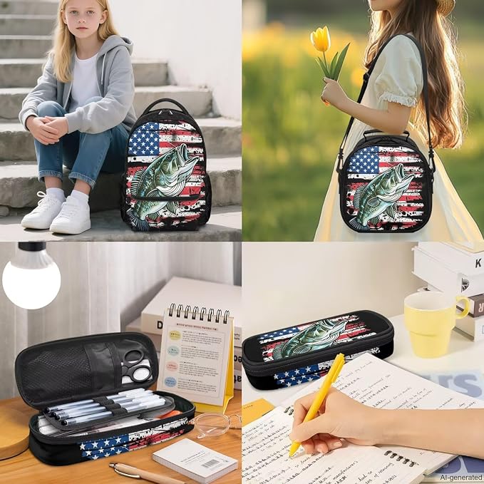 Patriotic Bass Fishing 4-Piece Kids School Backpack Set with Insulated Lunch Bag, Pencil Case & Charm, Lightweight American Flag Bookbag for Boys Elementary 1st 2nd 3rd 4th 5th Grade - Image 2