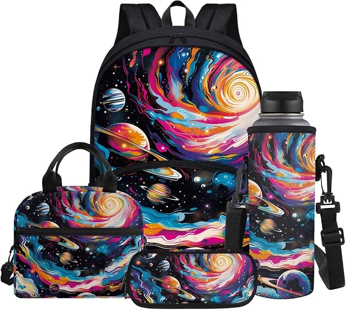 Trippy Galaxy Nebula Backpack for Boys Kids Thermal Lunch Boxes & Water Bottle Bag & Pencil Case, 4-Pieces Bookbags Set by Glomenade