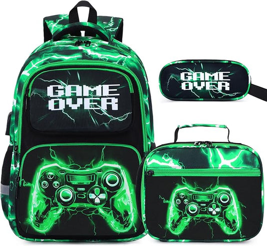 Bevalsa Backpack for Boys, School Bags for Kids, Bookbag for Boys Children Teens Backpacks for Elementary Middle High School Student, Bookbag Set with Lunch Bag & Pencil Case (Green Lightning) by Bevalsa