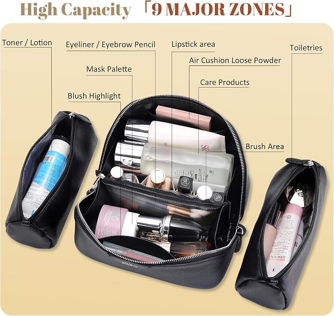 BOYATU Genuine Leather Travel Makeup Bag: Large Capacity 3 Pcs Set Cosmetic Bags for Women - Designer Waterproof Hand-made for Toiletry Organizer - Ladies Travel Essentials for Elegance (02Black) - Image 3