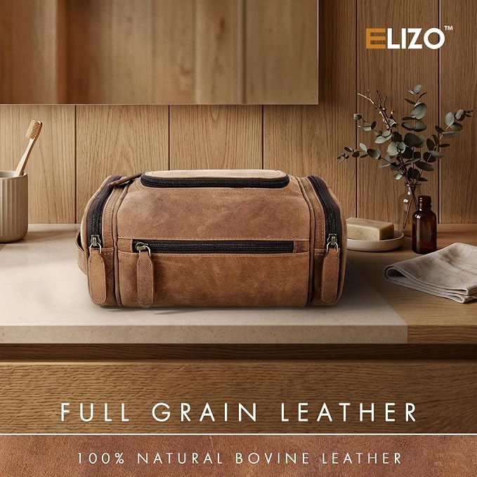 ELIZO Real Leather Toiletry Bag for Men - Large Hanging Travel Organizer for Toiletries, Ideal for Dopp Kit & Shaving Kit for Men, Essential Mens Travel Toiletry Bag for Toiletries (Saddle) - Image 4