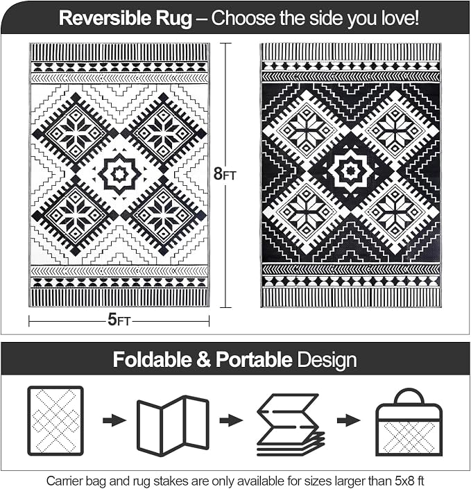 Waterproof Outdoor Rug 5x8ft, Boho Reversible Plastic Straw Mat for Patio RV Deck Porch Backyard Balcony Camping Picnic Beach Indoor Outdoor Carpet, Black&White - Image 2