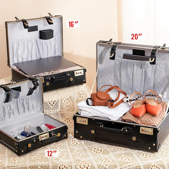urecity Vintage and Cute Carry-on Overnight Case Non-wheeled Mini Leather Trunk Suitcase with Shoulder Strap - Image 3