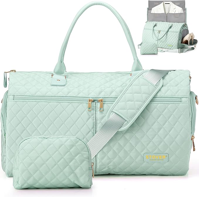 STOVER Women’s Convertible Garment Duffel Bag for Travel – 2-in-1 Carry-On Weekender/Overnight Tote - Wrinkle-Free Dresses, Suits & Clothes + Shoe Compartment & Bonus Toiletry Bag (Coastal Mint) by STOVER