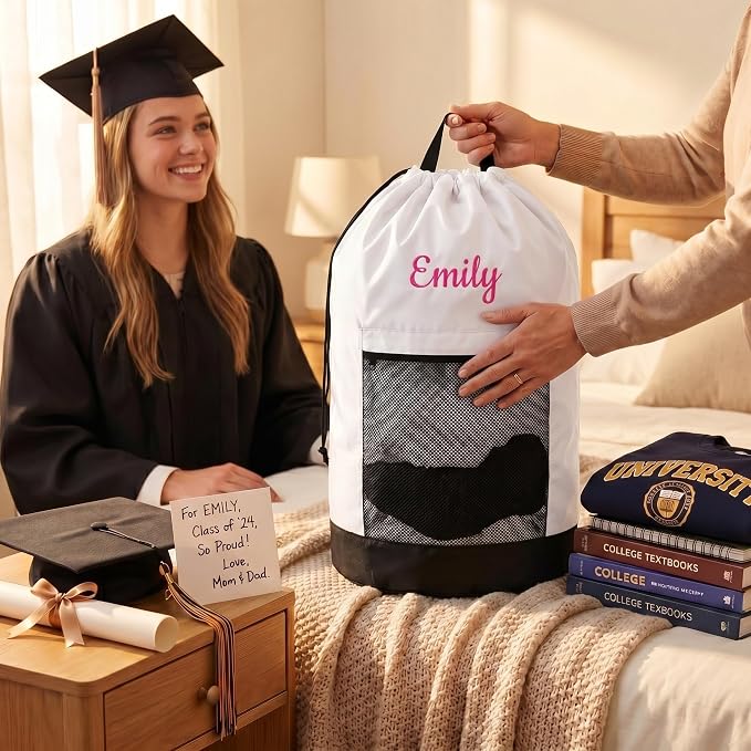 Personalized Laundry Bag Heavy Duty Custom Graduation University XL Bag Backpack with Hanging Shoulder Strap & Mesh Pocket - Back to School College Graduation Gift - Choose Your Font & Thread Color - Image 2