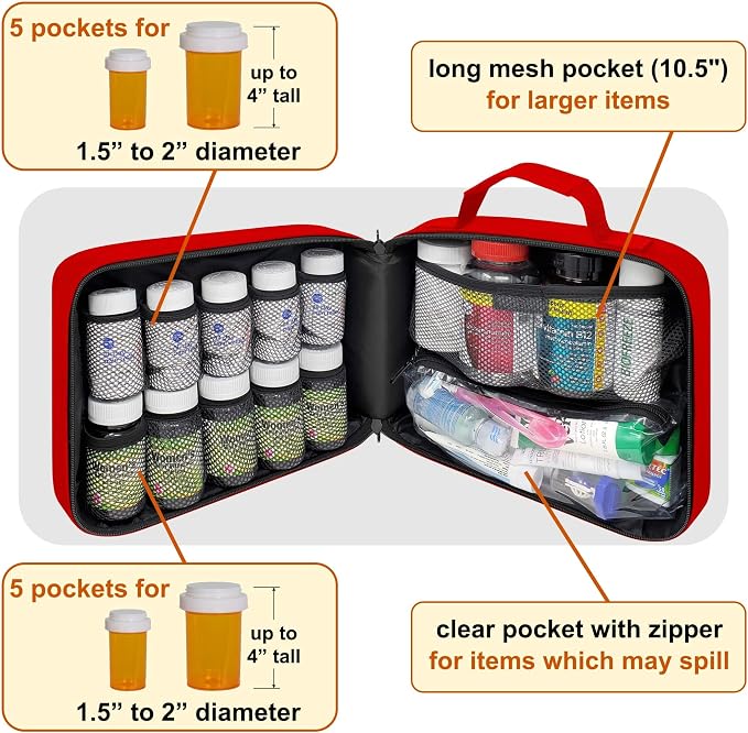 Large Pill Bottle Organizer & Medicine Bag for Travel, Red | Prescription bottle organizer with 10 bottle pockets and padded storage for medication bottles, supplements, vitamins - Image 2
