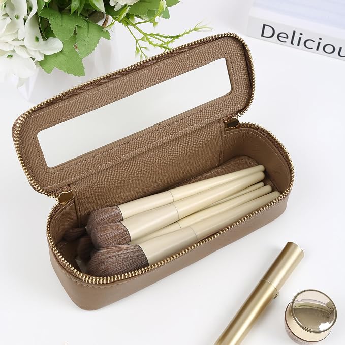 Aveniee Clear Makeup Brush Bag, Slim Cosmetic Brush Holder, Small Travel Toiletry Bag for Women, Thin Make up Bags with Dual Zipper, Mini Travel Essentials Organizer - Taupe - Image 5