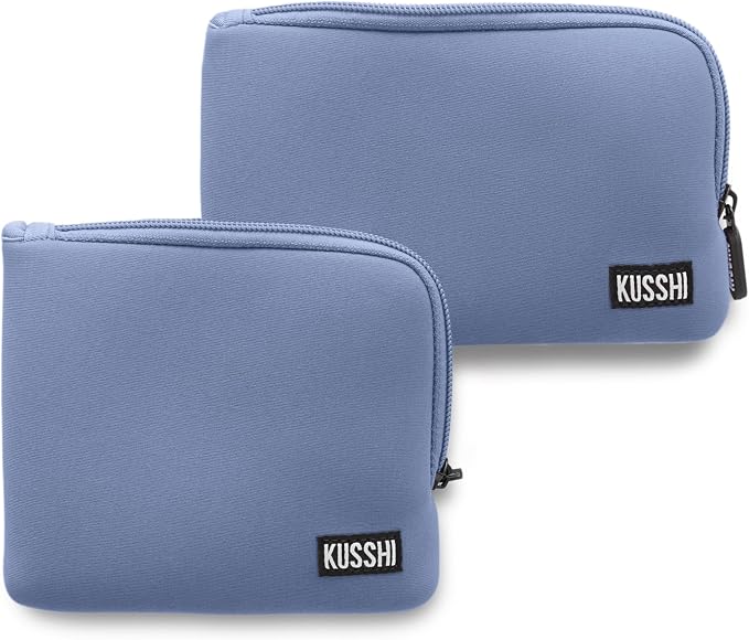 KUSSHI 2pc Neoprene On-The-Go Pouch Set - Passport Holder and Travel Zipper Makeup Pouch for Purse Organization, Electronics, Glasses & Valuables (Pearl Blue) by Unknown
