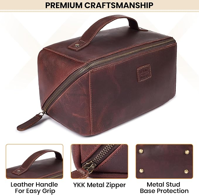 LEATHER VILLAGE Genuine Leather Travel Dopp Kit for Men & Women – Open Flat Large Capacity Cosmetic Bag with Water-Resistant Lining – Skin Care, Brushes, Shaving & Bathroom Essentials Organizer-Cherry - Image 2