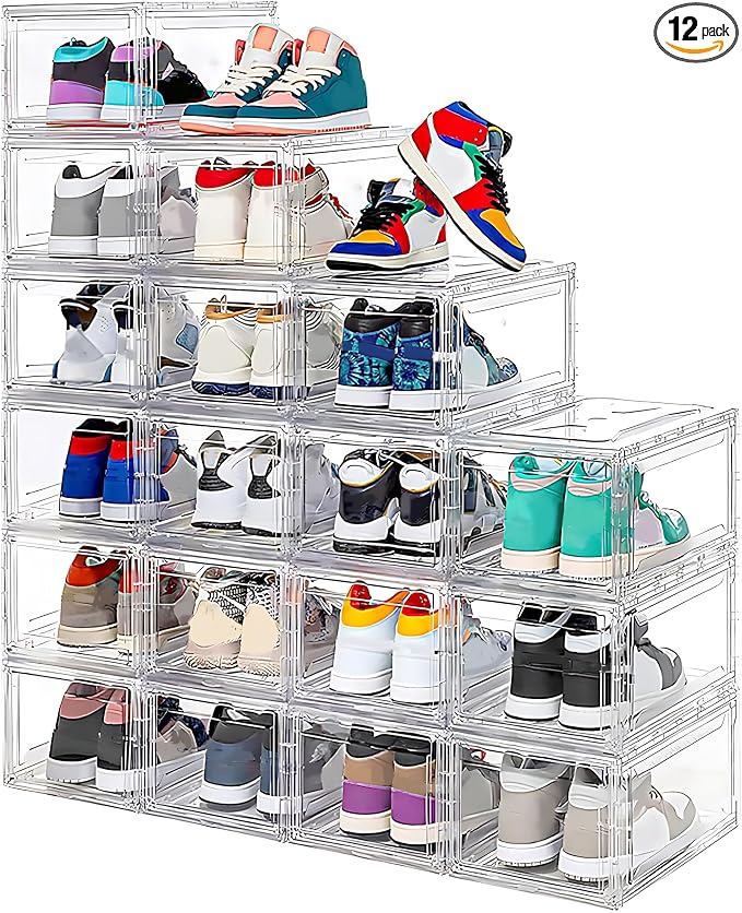 MMBABY 12 Pack Acrylic Clear Shoe Boxes, Ultra Clear Stackable Sneaker Display Cases with Magnetic Door, Professional Grade Shoe Display Case for Sneakers & Boots, Fits Up to US Men's Size 15 by MMBABY