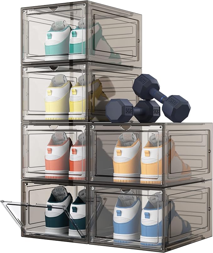 HOMIDEC Shoe Storage, 6 Pack Shoe Organizer Hard Plastic Shoe Box, Shoe Boxes Clear Plastic Stackable, Shoe Boxes with Lids for Size 13, Clear Smoke - Image 9