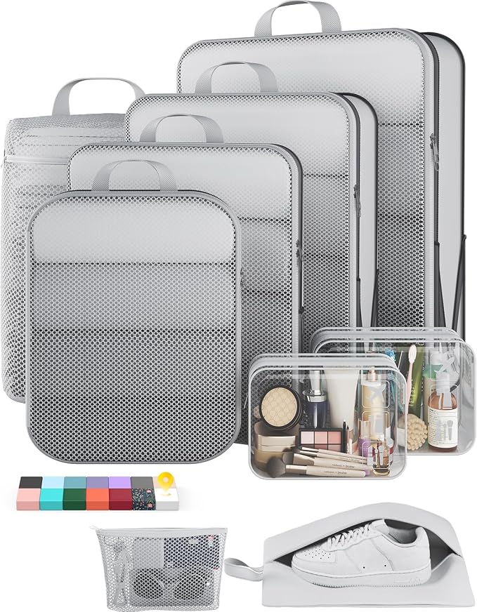 Veken 9/11 Set Compression Packing Cubes Garment Bags for Travel Essentials,Compressible Expandable Luggage Organizer Bags for Clothing,Space Saver Bags with Over 1000 pcs of Mesh Holes(White) by Veken