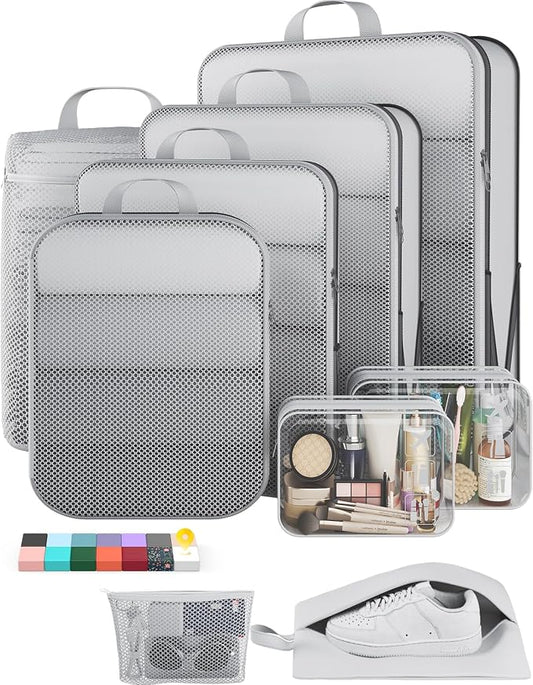 Veken 9/11 Set Compression Packing Cubes Garment Bags for Travel Essentials,Compressible Expandable Luggage Organizer Bags for Clothing,Space Saver Bags with Over 1000 pcs of Mesh Holes(White) by Veken
