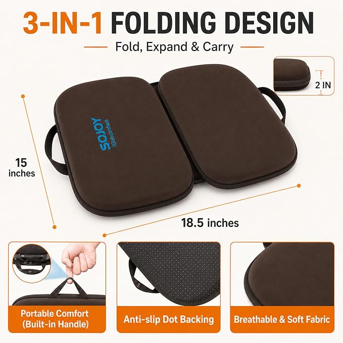 Sojoy 3-in-1 Foldable Gel Seat Cushion with Memory Foam Ergonomic Portable Cushion for Back Pain & Tailbone Relief - Perfect for Office Chair, Airplane Travel & Stadium Seats (18.5" x 15" x 2" Brown) - Image 6