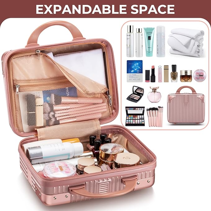 Noverlife 14 Inch Portable Makeup Travel Case Hand Luggage, Pressure-proof ABS Carrying Makeup Case Suitcase with Elastic Band, Small Hard Shell Cosmetic Case for Travel Camping Women Girl - Rose Gold | 14 Inch Hard Shell Cosmetic Case for Women Girl, ... - Image 4