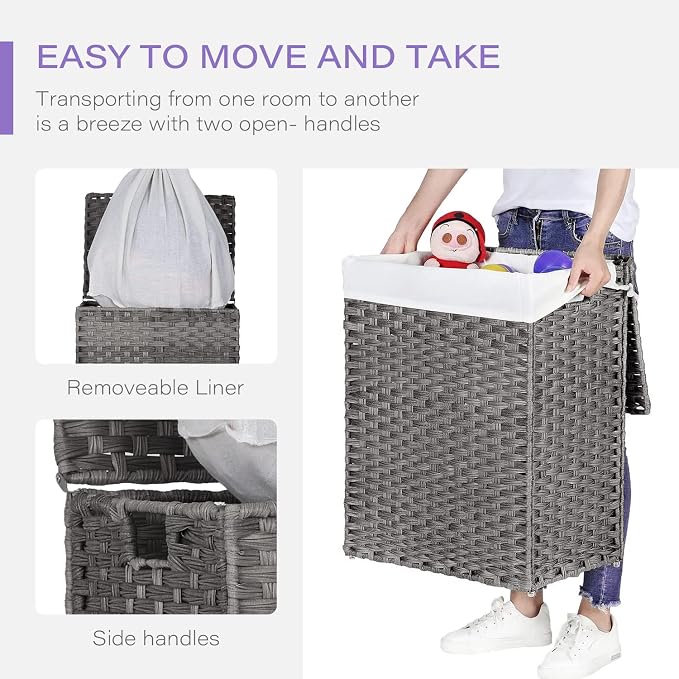 Paylesshere Laundry Basket Handwoven Laundry Hamper 90L/110L Foldable Rattan Hamper With Lid,2 Removable Liner Bags & 6 Laundry Bags,Clothes Hamper Bathroom Laundry Basket,Grey - Image 4