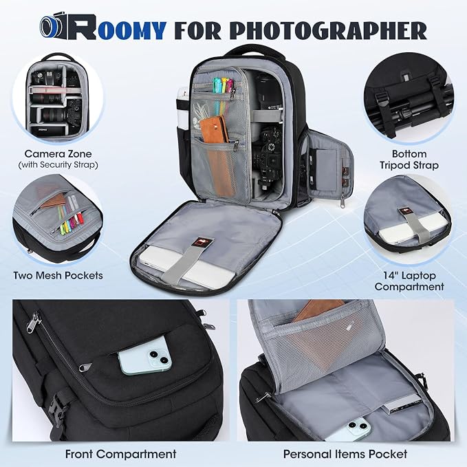 RAINSMORE Camera Backpack Camera Bag for Photographers DSLR SLR Mirrorless Camera Cases with Waterproof Rain Cover & Laptop Compartment Fits 14 Inch Laptop,Anti Theft Travel photography backpack,Black - Image 2