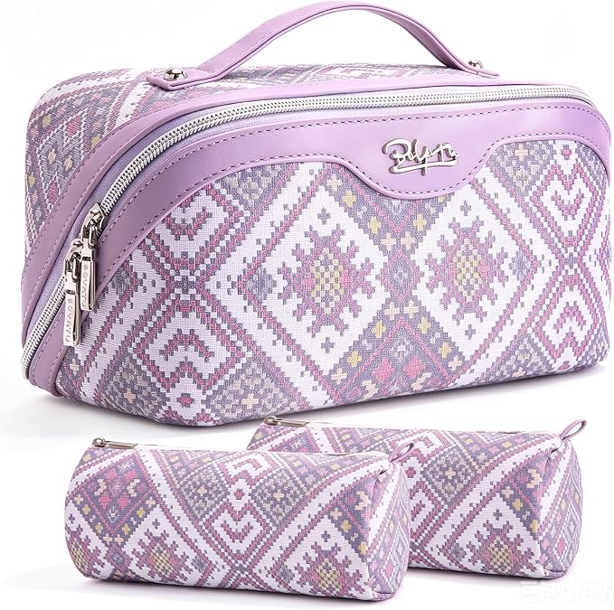 BOYATU Travel Makeup Bag Organizer: Boho Large Capacity Cosmetic Bag Sets | 3Pcs Waterproof Leather Toiletry Bags | 180°Open Flat Make up Case with Compartments | Western Travel Essentials for Women by BOYATU