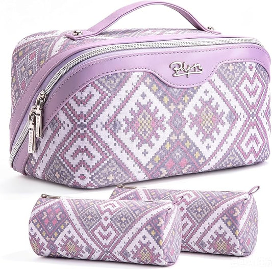 BOYATU Travel Makeup Bag Organizer: Boho Large Capacity Cosmetic Bag Sets | 3Pcs Waterproof Leather Toiletry Bags | 180°Open Flat Make up Case with Compartments | Western Travel Essentials for Women by BOYATU