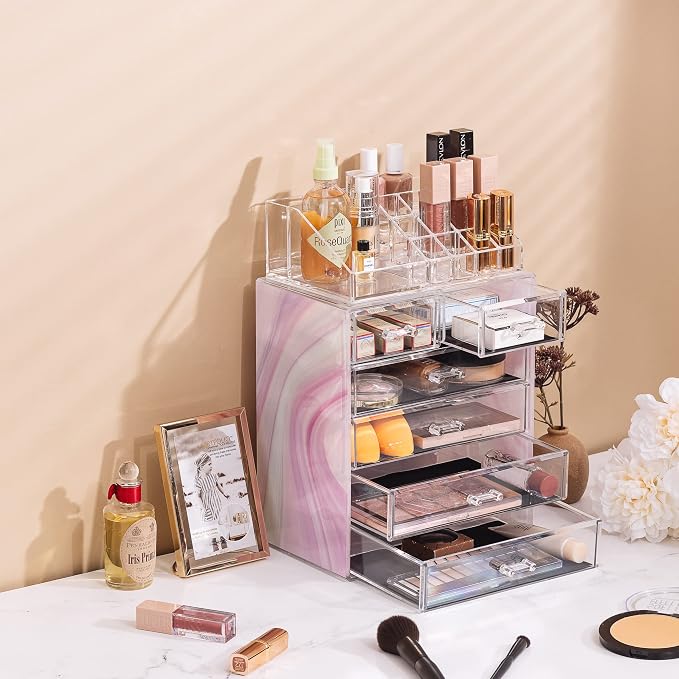 Sorbus Acrylic Makeup Organizer Set, 6-Drawer Vanity & Countertop Cosmetic Storage with Small & Wide Compartments, Tie Dye Makeup Storage for Brushes, Jewelry – Holiday Gift for Women & Teens - Image 5