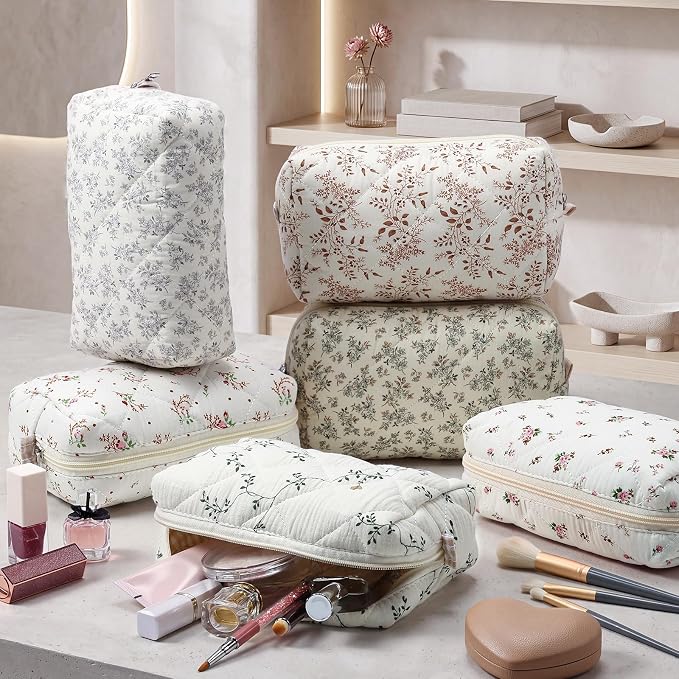 Paterr 10 Pcs Quilted Makeup Bag Bulk Cotton Floral Cosmetic Bag Women Girls Bridesmaid Gifts Cute Makeup Pouch Coquette Aesthetic Travel Toiletry Organizer (Pastel Floral,7.87 x 4.72 x 3.15 Inches) - Image 3