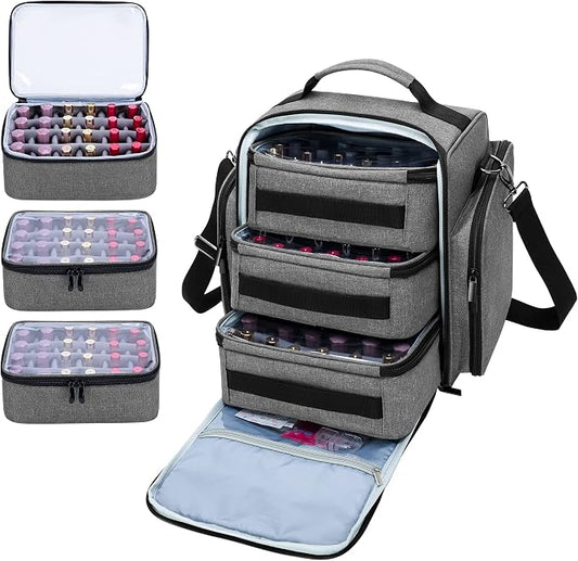 BAFASO Nail Polish Organizer Holds 72 Bottles (15ml - 0.5 fl.oz), Gray | Large Nail Polish Case with 3 Removable Pouches and Multiple Storage Sections, Patented Design. by BAFASO