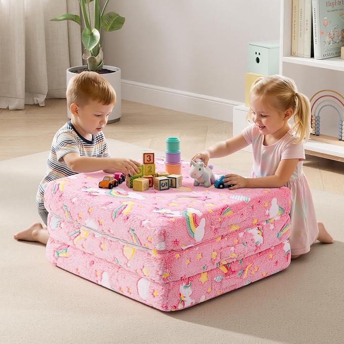 MeMoreCool Glow Unicorn Kids Foldable Floor Mattress, 57x22 Inch Pink | Glow pink unicorn trifold mattress for girls room, playroom, reading nook - Image 5