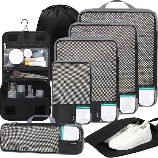 BAGAIL 4 Set/6 Set/8 Set Compression Packing Cubes Travel Accessories Expandable Packing Organizers (Half Mesh, 8-Jet Black) by BAGAIL