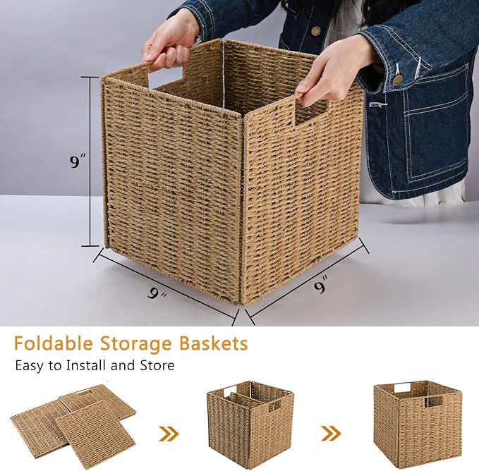 Vagusicc Wicker Storage Basket, Set of 2 Hand-Woven Storage Baskets for Shelves with Handles Foldable Cube Storage Baskets Bins, 9 inch Wicker Baskets for Pantry Bedroom Organizer &Decor, Natural - Image 2