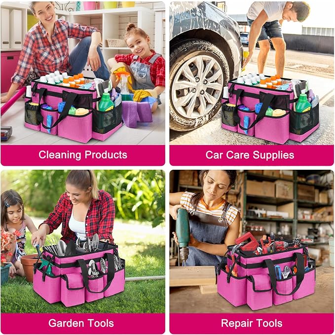 Cleaning Caddy Bag,Large Cleaning Supplies Organizer with Handle for Housekeepers,Rose Red - Image 6