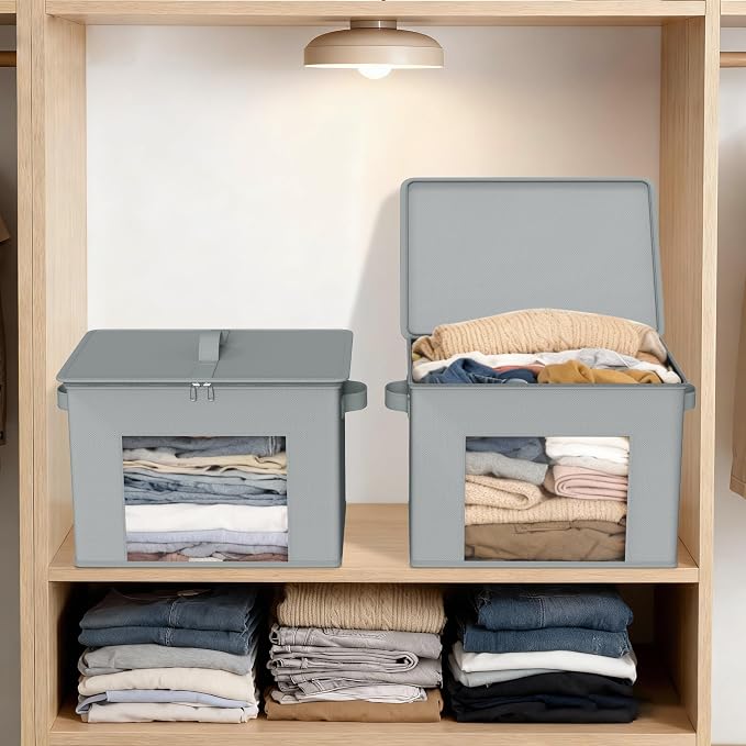 Zilink Fabric Storage Bins with Lid 4-Pack Stackable Closet Storage Bins Sweater Organizer with Zipper & Clear Window Closet Organizers and Storage Box for Home, Bedroom (Light Grey,17" x 12" x 12") - Image 5