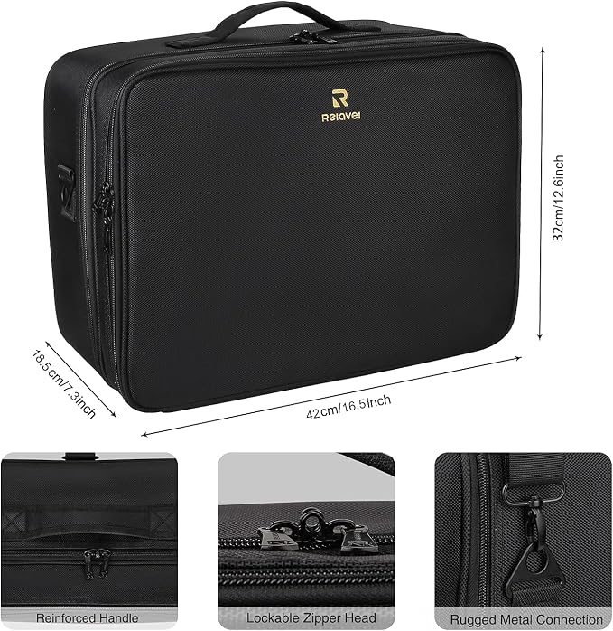 Relavel Extra Large Makeup Case Travel Makeup Train Case Professional Makeup Artist Bag Portable Nail Organizer Box Art Supply Case with Adjustable Dividers/Attach to Trolley/Shoulder Strap (Black) - Image 6