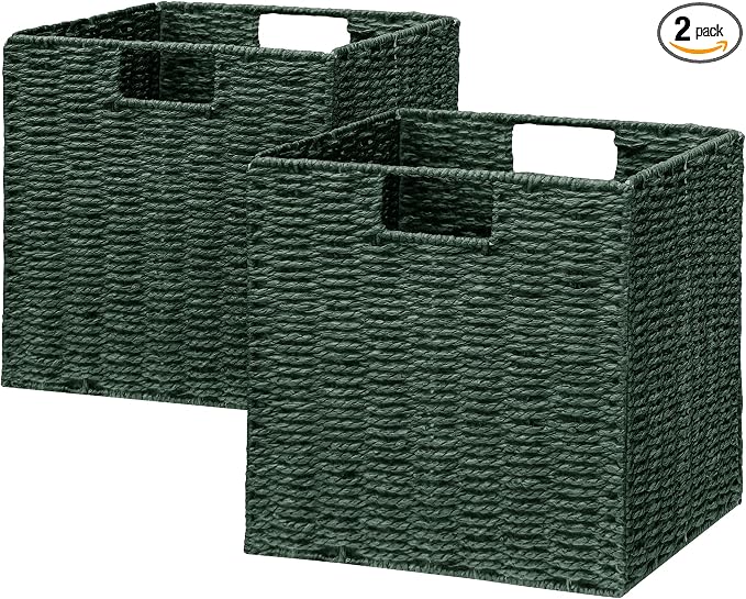 Vagusicc Wicker Storage Basket, Set of 2 Hand-Woven Paper Rope Wicker Basket, Foldable Cube Storage Bins, Square Large Storage Baskets for Organizing Shelves & Decor, Orange (13″×13″×13″) by Vagusicc