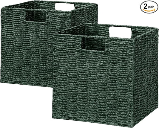 Vagusicc Wicker Storage Basket, Set of 2 Hand-Woven Paper Rope Wicker Basket, Foldable Cube Storage Bins, Square Large Storage Baskets for Organizing Shelves & Decor, Orange (13″×13″×13″) by Vagusicc