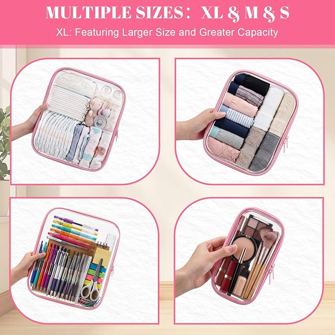 12 Pack Clear Hard Shell Zipper Case with 40 Labels, X-Large/Medium/Small Stackable Clear Pouches, Crush-resistant Travel Toiletry Bag Organizer for Makeup Board Games Electronics (Pink) - Image 6