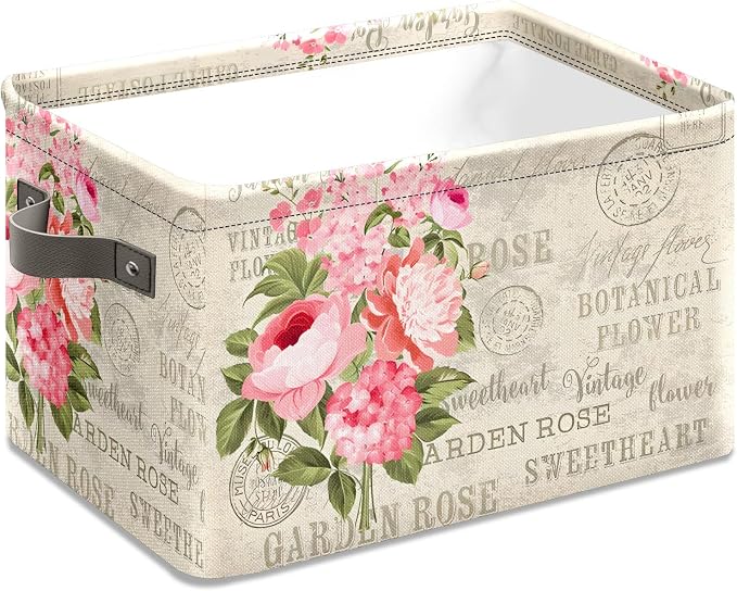 Vintage Rose Floral Foldable Baskets Storage Bins with Handles, Decorative Cloth Organizer Storage Boxes 2 sets - Image 3