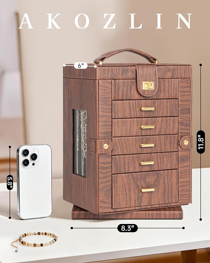 AKOZLIN 6-Tier Jewelry Box Organizer Functional 5 Drawers Leather Jewelry Storage Case for Women Girls Ring Necklace Earring Bracelet Holder Organizer with Mirror Red 360° Rotating - Image 2