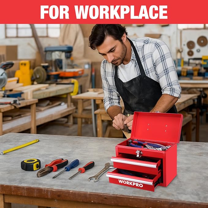 WORKPRO Portable Mini Metal Tool Box with 2 Drawers | Metal Tool Chest, Ball Bearing Slides, Top Storage, Latch Handle, PVC Drawer Liners, PP Feet Pads - Image 6