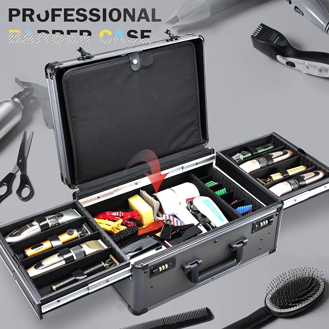 Yueieoun Barber Case with Clippers Sliding Tray, Profesional Barbers Briefcase Tool Case, Travel Barber Cases for Clippers and Supplies, Hair Scissors Trimmer Organizer, Salon Grooming Hard Suitcase - Image 3