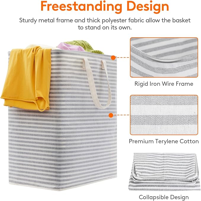 Lifewit 2 Pack Laundry Basket 100L Each, Collapsible Clothes Hamper with Reinforced Handles, Freestanding Waterproof Design for Bedroom and Laundry Room, Grey&Pink 200L Total - Image 2