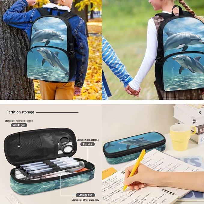 4Piece Lovely Dolphin Backpack Schoolbag Set with Lunch Box And Pencil Car Water Holder Sleeve Crossbody Bag for Boys Girls，17Inch Laptop Bag Kids Casual Daypack Back to School - Image 4