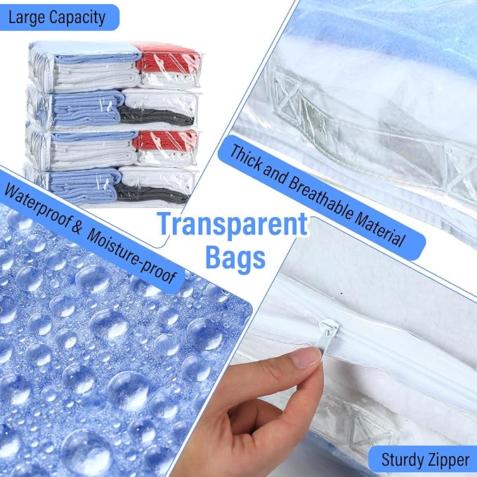 Kenning 20 Pcs Clear Zippered Storage Bags for Sheet Plastic Sweater Bag with Handle and Label Pocket Vinyl Stackable Closet Organizer Moving Bag for Bed Blanket Clothes Pillow(White,18 x 15 x 4 Inch) - Image 3