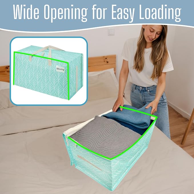 VENO 4 Pack Extra Large Heavy Duty Moving Bags with Wide Opening & Reinforced Handles, Reusable Storage Tote Bags with Strong Zippers for Clothes, College Dorm Essentials & Moving Supplies - Image 2