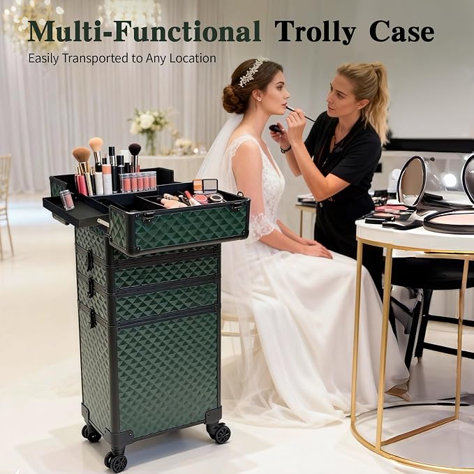 5 in 1 Rolling Makeup Train Case on Wheels Large Cosmetic Organizer Travel Cart for Women Beauty Salon Barber Hairstylist Green - Image 3